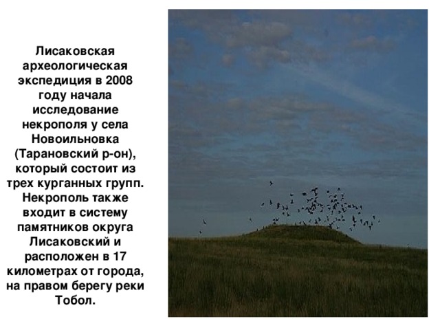 Лисаковская археологическая экспедиция в 2008 году начала исследование некрополя у села Новоильновка (Тарановский р-он), который состоит из трех курганных групп. Некрополь также входит в систему памятников округа Лисаковский и расположен в 17 километрах от города, на правом берегу реки Тобол.