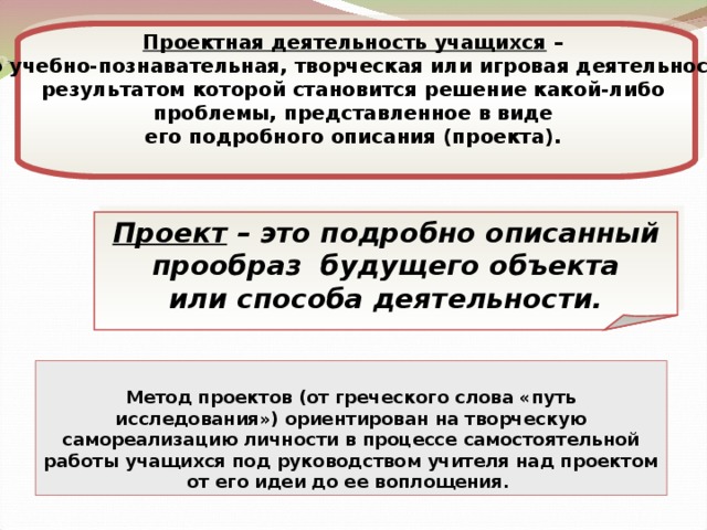 Проектная деятельность учащихся – это учебно-познавательная, творческая или игровая деятельность, результатом которой становится решение какой-либо проблемы, представленное в виде его подробного описания (проекта).  Проект – это подробно описанный  прообраз будущего объекта или способа деятельности. Метод проектов (от греческого слова «путь исследования») ориентирован на творческую самореализацию личности в процессе самостоятельной работы учащихся под руководством учителя над проектом от его идеи до ее воплощения.