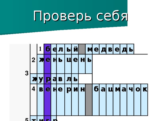 Проверь себя     3   2 1  5 б ж 6 ж е 4 у е ф р т л н л в а е ь ы и а в й г ш м н и л е е р ь м н р н г е ь и д о н в е б д а ь ш м а ч о к