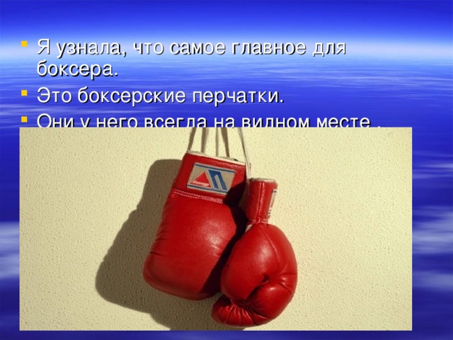 Я узнала, что самое главное для боксера. Это боксерские перчатки. Они у него всегда на видном месте .