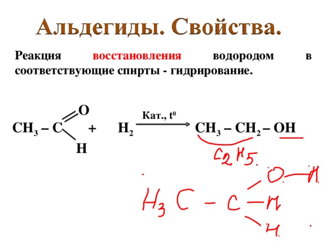 Реакция окисления гидроксидом меди ( II ) при нагревании – качественная реакция на альдегиды. O O СН 3 – С + Cu(OH) 2 → СН 3 – С + CuOH  OH H t 0 Cu 2 O H 2 O