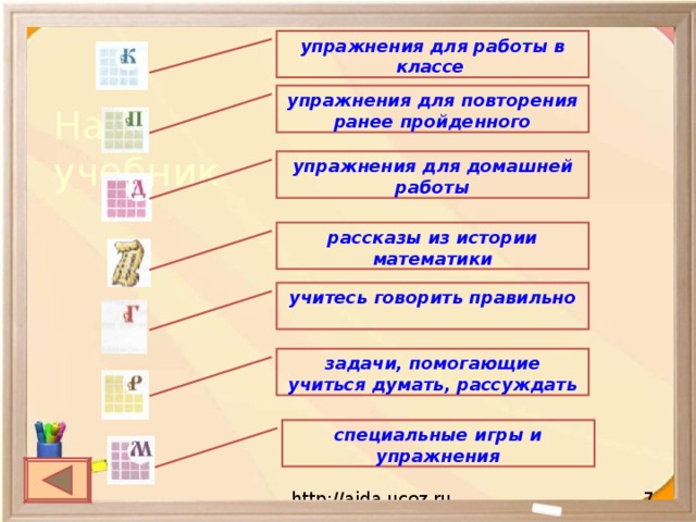 упражнения для работы в классе  упражнения для повторения ранее пройденного Наш учебник упражнения для домашней работы рассказы из истории математики учитесь говорить правильно задачи, помогающие учиться думать, рассуждать специальные игры и упражнения