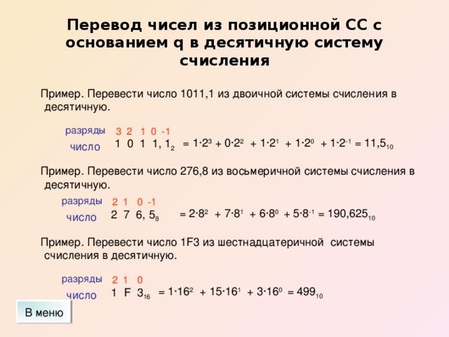 Перевод чисел из позиционной СС с основанием q в десятичную систему счисления  Пример. Перевести число 1011,1 из двоичной системы счисления в десятичную. разряды -1 0 1 2 3 = 1∙2 3 + 0∙2 2 + 1∙2 1 + 1∙2 0 + 1∙2 -1 = 11,5 10 1 0 1 1, 1 2 число  Пример. Перевести число 276,8 из восьмеричной системы счисления в десятичную. разряды 2 1 0 -1 = 2∙8 2 + 7∙8 1 + 6∙8 0 + 5∙8 -1 = 190,625 10 2 7 6, 5 8 число  Пример. Перевести число 1 F 3 из шестнадцатеричной системы счисления в десятичную. разряды 0 2 1 = 1∙16 2 + 15∙16 1 + 3∙16 0 = 499 10 1 F 3 16 число В меню