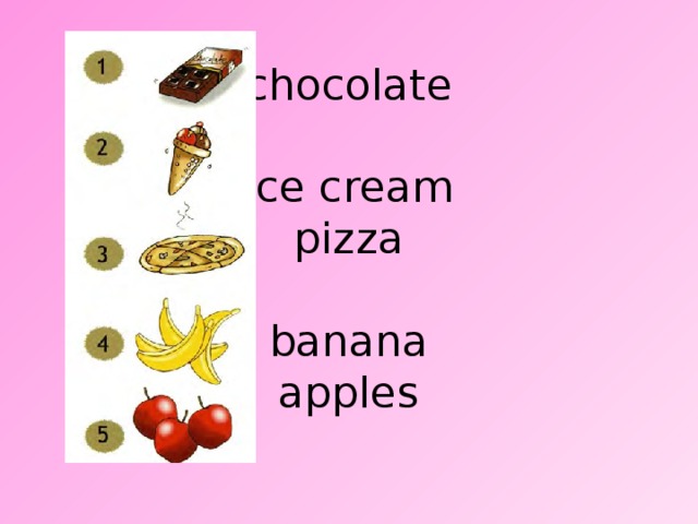 chocolate   ice cream  pizza   banana  apples