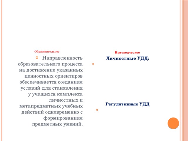 Образовательное Краеведческое Направленность образовательного процесса на достижение указанных ценностных ориентиров обеспечивается созданием условий для становления у учащихся комплекса личностных и метапредметных учебных действий одновременно с формированием предметных умений. Личностные УДД: Умение вести себя культурно, экологически грамотно, безопасно в социальной и природной среде, находить на картах территорию России, Татарстана, описывать достопримечательности столицы родного края. Регулятивные УДД