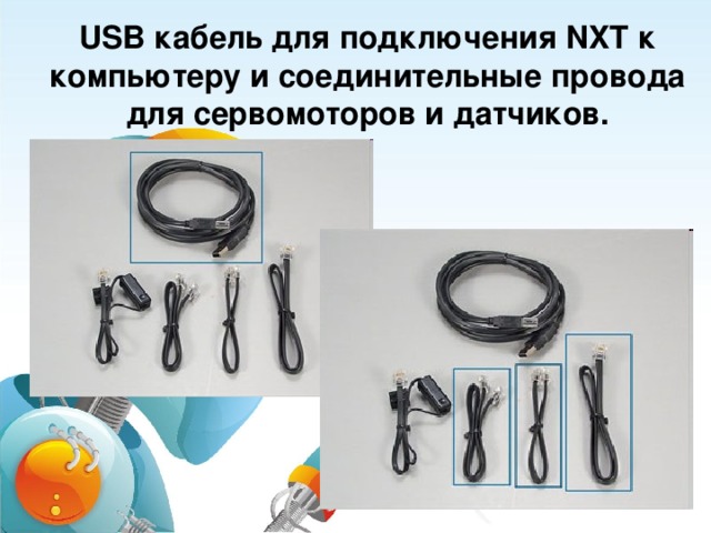 USB кабель для подключения NXT к компьютеру и соединительные провода для сервомоторов и датчиков.