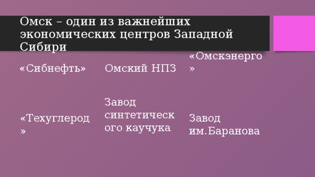 Омск – один из важнейших экономических центров Западной Сибири «Сибнефть» Омский НПЗ «Омскэнерго» Завод синтетического каучука «Техуглерод» Завод им.Баранова