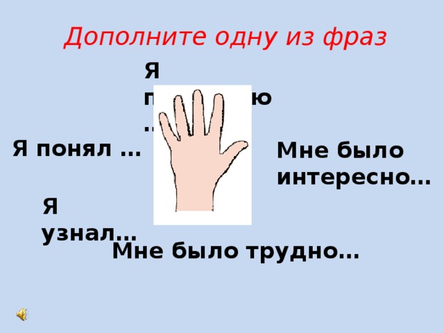 Дополните одну из фраз Я попробую… Я понял … Мне было интересно…  Я узнал… Мне было трудно…