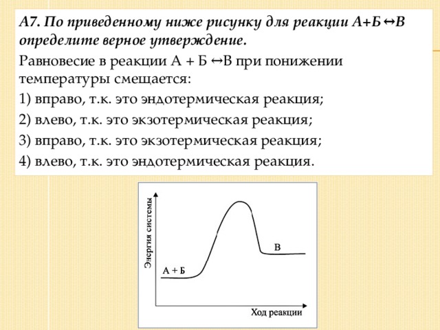 А7 .  По приведенному ниже рисунку для реакции А+Б  ↔В определите верное утверждение. Равновесие в реакции А + Б ↔В при понижении температуры смещается: 1) вправо, т.к. это эндотермическая реакция; 2) влево, т.к. это экзотермическая реакция; 3) вправо, т.к. это экзотермическая реакция; 4) влево, т.к. это эндотермическая реакция.