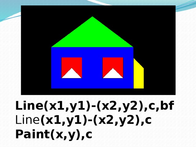 Line(x1,y1)-(x2,y2),c,bf Line (x1,y1)-(x2,y2),c Paint(x,y),c