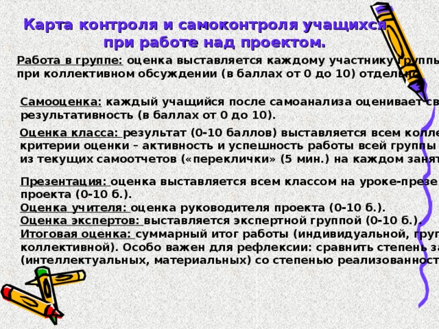 Карта контроля и самоконтроля учащихся  при работе над проектом. Работа в группе: оценка выставляется каждому участнику группы при коллективном обсуждении (в баллах от 0 до 10) отдельно Самооценка: каждый учащийся после самоанализа оценивает свою результативность (в баллах от 0 до 10). Оценка класса: результат (0-10 баллов) выставляется всем коллективом; критерии оценки – активность и успешность работы всей группы исходя из текущих самоотчетов («переклички» (5 мин.) на каждом занятии). Презентация: оценка выставляется всем классом на уроке-презентации проекта (0-10 б.). Оценка учителя: оценка руководителя проекта (0-10 б.). Оценка экспертов: выставляется экспертной группой (0-10 б.). Итоговая оценка: суммарный итог работы (индивидуальной, групповой, коллективной). Особо важен для рефлексии: сравнить степень затрат (интеллектуальных, материальных) со степенью реализованности целей.