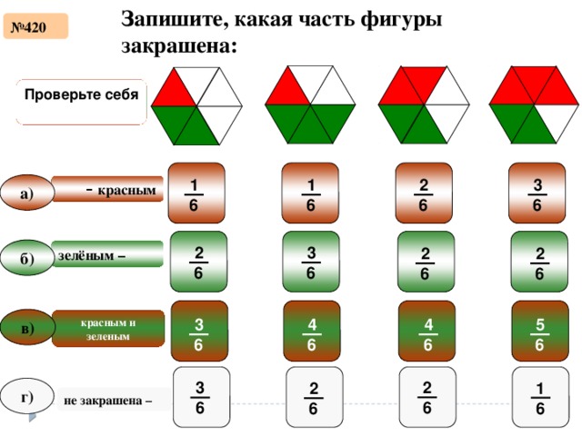 Запишите, какая часть фигуры закрашена: № 420 Проверьте себя Проверьте себя Проверьте себя Проверьте себя 1 1 3 2 a) красным – 6 6 6 6 б) зелёным – 3 2 2 2 6 6 6 6 в) красным и зеленым 3 4 4 5 6 6 6 6 2 3 1 2 г) не закрашена – 6 6 6 6