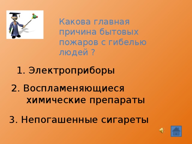 Какова главная причина бытовых пожаров с гибелью людей ? 1. Электроприборы 2. Воспламеняющиеся  химические препараты 3. Непогашенные сигареты