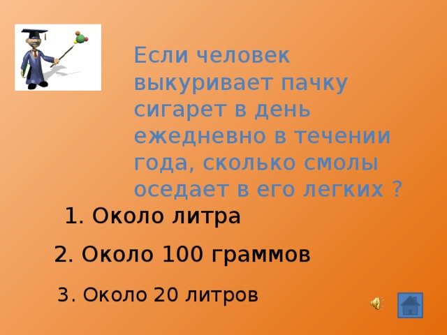 Если человек выкуривает пачку сигарет в день ежедневно в течении года, сколько смолы оседает в его легких ? 1. Около литра 2. Около 100 граммов 3. Около 20 литров