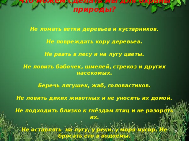 Что можем сделать мы для охраны природы?    Не ломать ветки деревьев и кустарников.   Не повреждать кору деревьев.   Не рвать в лесу и на лугу цветы.   Не ловить бабочек, шмелей, стрекоз и других насекомых.   Беречь лягушек, жаб, головастиков.   Не ловить диких животных и не уносить их домой.   Не подходить близко к гнёздам птиц и не разорять их.   Не оставлять на лугу, у реки, у моря мусор. Не бросать его в водоёмы.