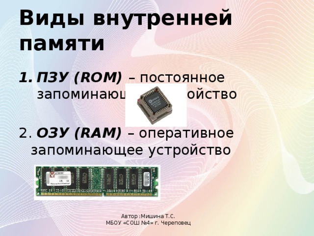 Виды внутренней памяти ПЗУ (ROM) – постоянное запоминающее устройство 2. ОЗУ (RAM) – оперативное запоминающее устройство Автор :Мишина Т.С. МБОУ «СОШ №4» г. Череповец