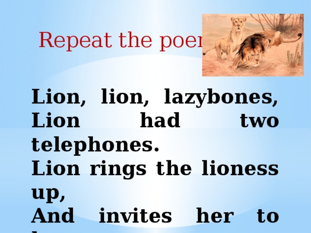 Repeat the poem Lion, lion, lazybones,  Lion had two telephones.  Lion rings the lioness up,  And invites her to hunt.