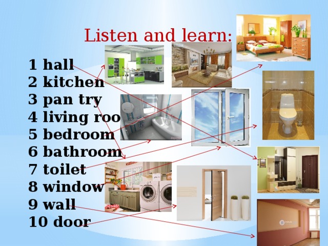 Listen and learn: 1 hall  2 kitchen  3 pan try  4 living room  5 bedroom  6 bathroom  7 toilet  8 window  9 wall  10 door