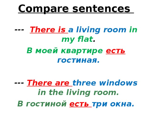 Compare sentences   ---  There is a living room in my flat . В моей квартире есть  гостиная.  --- There are three windows in the living room. В гостиной  есть три окна.