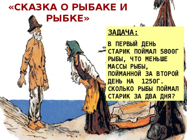 «СКАЗКА О РЫБАКЕ И РЫБКЕ» ЗАДАНИЕ  2 ВЫПОЛНИТЕ САМОСТОЯТЕЛЬНО ДЕЙСТВИЯ, НАЙДИТЕ В ТАБЛИЦЕ СВОЙ РЕЗУЛЬТАТ И ОТГАДАЙТЕ ЗАШИФРОВАННОЕ СЛОВО (ПО ВАРИАНТАМ) ЗАДАЧА: В ПЕРВЫЙ ДЕНЬ СТАРИК ПОЙМАЛ 5800Г РЫБЫ, ЧТО МЕНЬШЕ МАССЫ РЫБЫ, ПОЙМАННОЙ ЗА ВТОРОЙ ДЕНЬ НА 1250Г. СКОЛЬКО РЫБЫ ПОЙМАЛ СТАРИК ЗА ДВА ДНЯ? ВАРИАНТ №2 1)437+482 2)428-179 3)1450 · 18 4)31108 : 44 5)1890 : 9+982 ВАРИАНТ №1 1)315+426 3)229 · 32 2)535-372 4)7344 : 34  МОРЕ 1 Р 2 739 О 3 Е 841 63 4 М 740 7328 163 263 741 8328 2016 907 7338 217 1145 216 196 РЫБАК 1 Ы 2 1019 Б 918 249 А 3 4 929 240 К 2610 5 909 349 708 26100 Р 149 1092 919 347 25100 707 1193 247 26010 167 1191 27100 1192 77 192