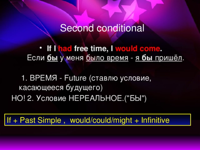 Second conditional If I had free time,  I would come .  Если бы у меня было время - я бы пришёл .   1. ВРЕМЯ - Future (ставлю условие, касающееся будущего) НО! 2. Условие НЕРЕАЛЬНОЕ.(