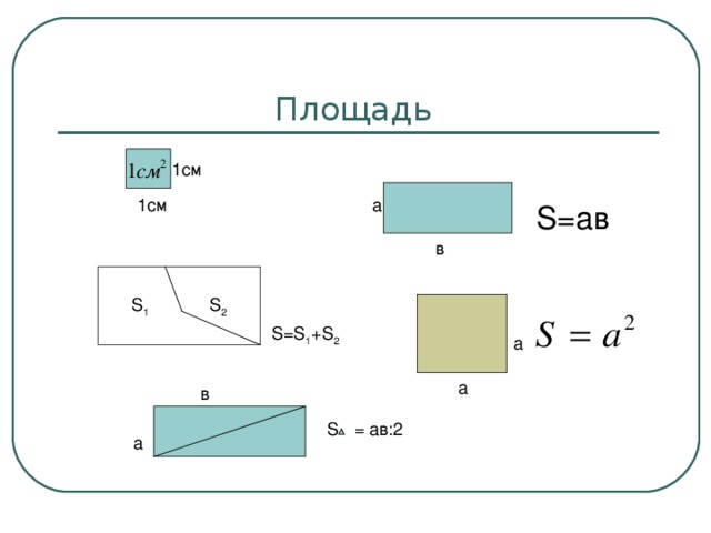 S =ав S 1  S 2 S=S 1 +S 2 S  = ав:2