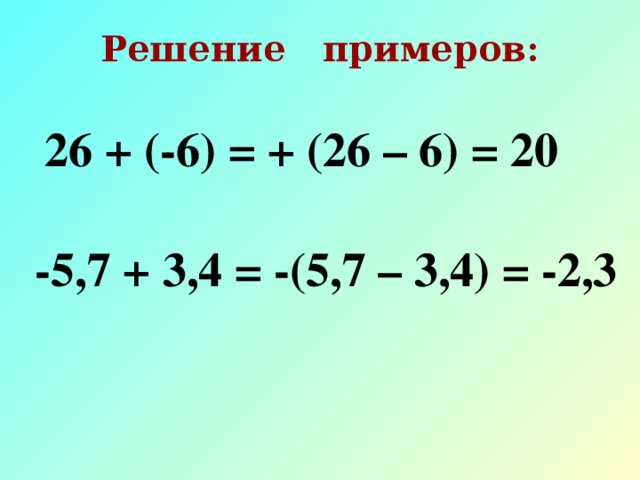 Решение примеров:  26 + (-6) = + (26 – 6) = 20  -5,7 + 3,4 = -(5,7 – 3,4) = -2,3