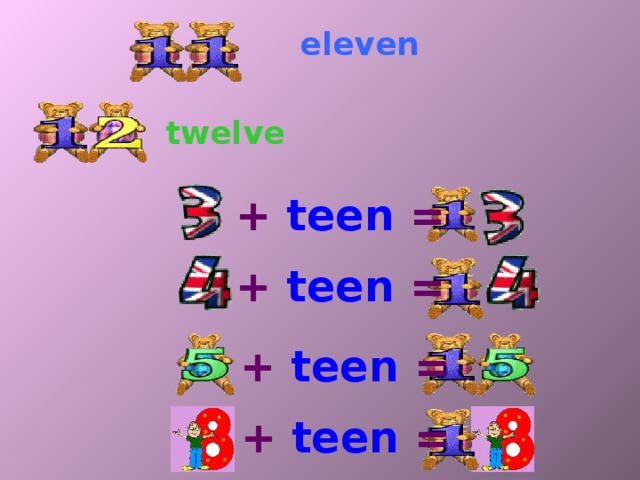 eleven twelve +  teen = +  teen = +  teen = +  teen =