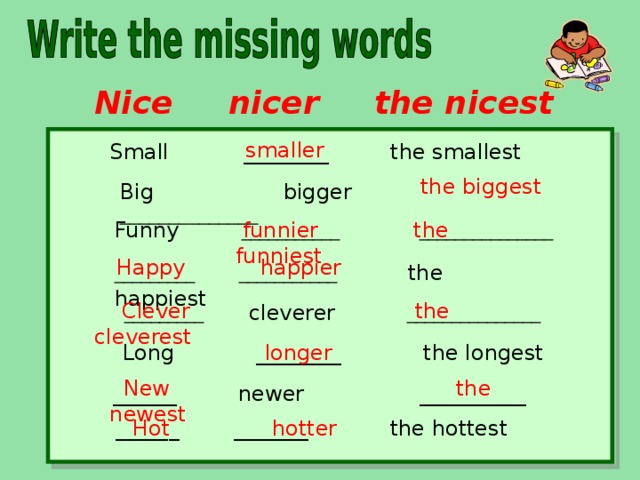 Nice  nicer the nicest smaller Small ________ the smallest the biggest Big bigger  ______________ Funny  ___________ _______________  funnier the funniest  Happy happier _________ ___________  the happiest  Clever the  cleverest  _________  cleverer  _______________  Long ________ the longest longer  New the  newest  ______ newer __________  ______ _______ the hottest    Hot hotter