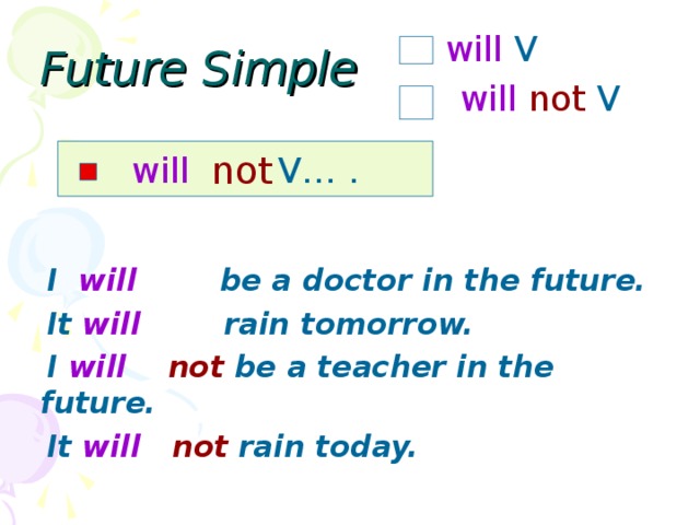 will V Future Simple will  not V will V… .  not  I will be a doctor in the future.  It will rain tomorrow.  I will   not be a teacher in the future.  It will  not rain today.