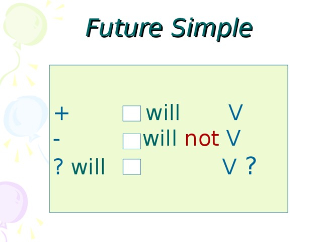 Future Simple +  will   V -  will not  V ? will   V  ?