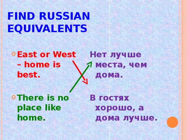FIND RUSSIAN EQUIVALENTS East or West – home is best.  There is no place like home. Нет лучше места, чем дома.  В гостях хорошо, а дома лучше.