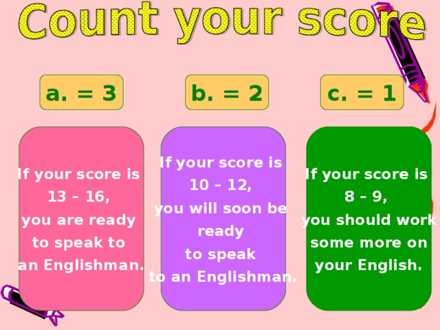 a. = 3 b. = 2 c. = 1 If your score is 13 – 16, you are ready to speak to an Englishman. If your score is 10 – 12, you will soon be ready to speak to an Englishman. If your score is 8 – 9, you should work some more on your English.