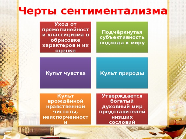 Черты сентиментализма Уход от прямолинейности классицизма в обрисовке характеров и их оценке Подчёркнутая субъективность подхода к миру Культ чувства Культ природы Культ врождённой нравственной чистоты, неиспорченности Утверждается богатый духовный мир представителей низших сословий