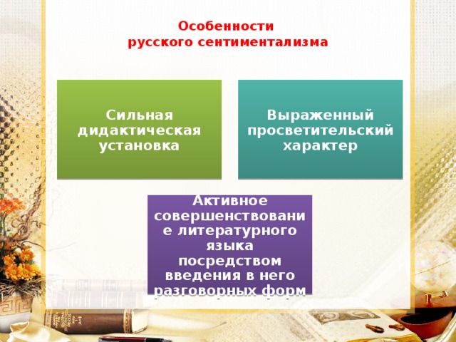 Особенности  русского сентиментализма Сильная дидактическая установка Выраженный просветительский характер Активное совершенствование литературного языка посредством введения в него разговорных форм