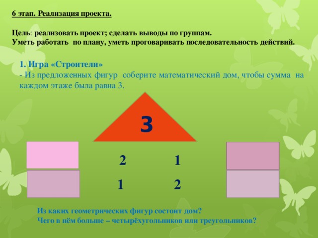 6 этап. Реализация проекта.   Цель : реализовать проект; сделать выводы по группам. Уметь работать по плану, уметь проговаривать последовательность действий. 1. Игра «Строители» - Из предложенных фигур соберите математический дом, чтобы сумма на каждом этаже была равна 3. 3 1 2 2 1 Из каких геометрических фигур состоит дом? Чего в нём больше – четырёхугольников или треугольников?