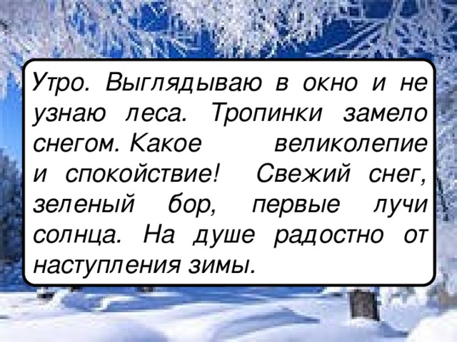 Утро. Выглядываю в окно и не узнаю леса. Тропинки замело снегом. Какое великолепие и спокойствие! Свежий снег, зеленый бор, первые лучи солнца. На душе радостно от наступления зимы.