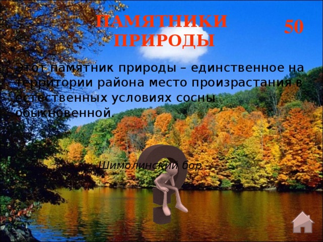 ПАМЯТНИКИ  ПРИРОДЫ 50 Этот памятник природы – единственное на территории района место произрастания в естественных условиях сосны обыкновенной. Шимолинский бор