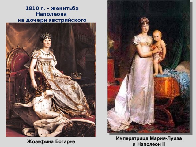1810 г. – женитьба Наполеона на дочери австрийского императора Марии Луизе Императрица Мария-Луиза и Наполеон II  Жозефина Богарне