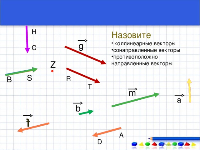 H Назовите  коллинеарные векторы сонаправленные векторы противоположно направленные  векторы g С Z S R В T m a b А D