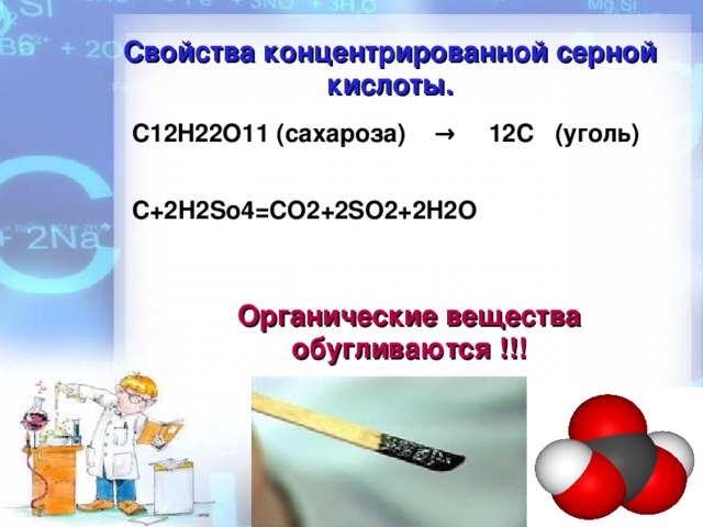 Свойства концентрированной серной кислоты. C12H22O11 (сахароза)    →     12С (уголь)  С+2H2So4=CO2+2SO2+2H2O  Органические вещества обугливаются !!!