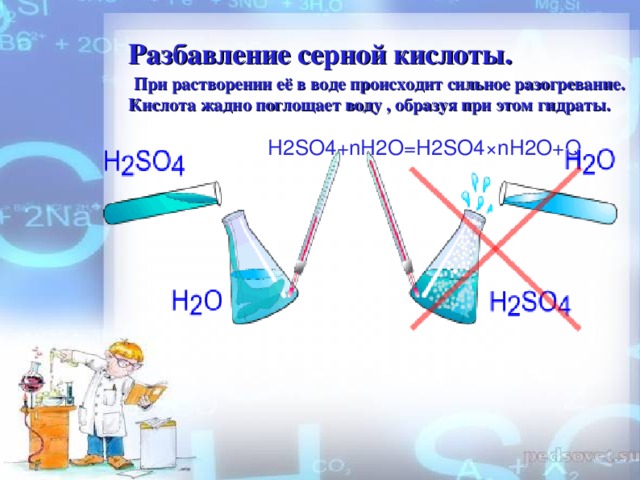 Разбавление серной кислоты.   При растворении её в воде происходит сильное разогревание.  Кислота жадно поглощает воду , образуя при этом гидраты.    H2SO4+nH2O=H2SO4 ×nH2O+Q