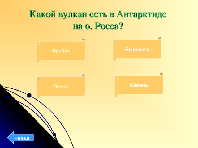 Какой вулкан есть в Антарктиде  на о. Росса? Бырранга Эребус Камень Ленок назад