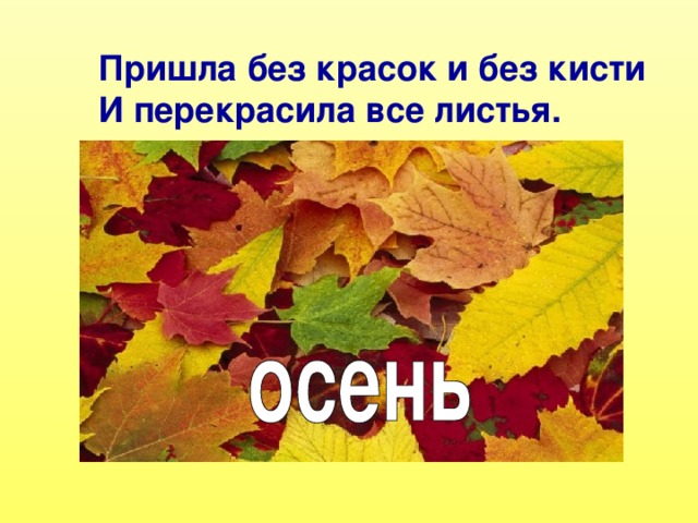 Пришла без красок и без кисти И перекрасила все листья.