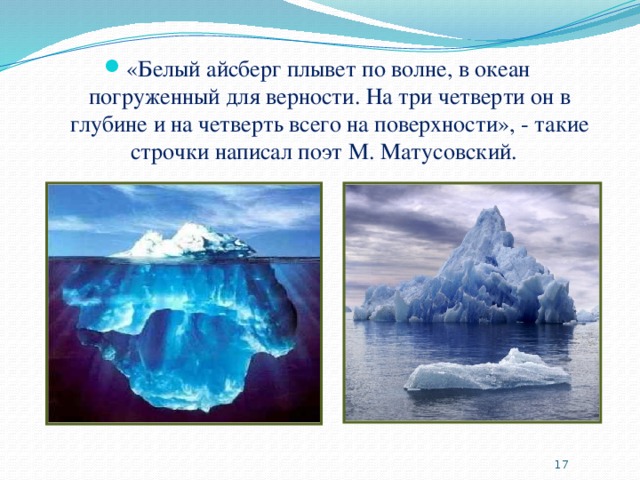 «Белый айсберг плывет по волне, в океан погруженный для верности. На три четверти он в глубине и на четверть всего на поверхности», - такие строчки написал поэт М. Матусовский.