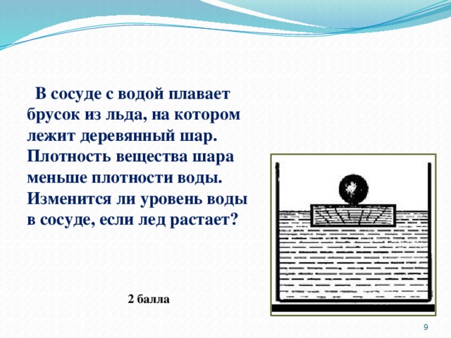 В сосуде с водой плавает брусок из льда, на котором лежит деревянный шар. Плотность вещества шара меньше плотности воды. Изменится ли уровень воды в сосуде, если лед растает? 2 балла