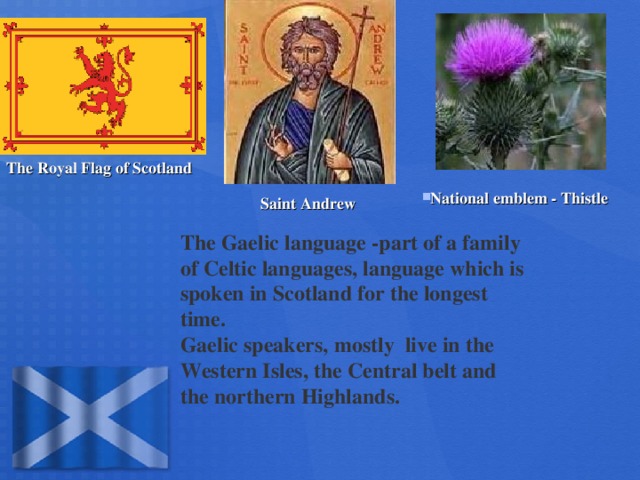 The Royal Flag of Scotland National emblem - Thistle Saint Andrew The Gaelic language - part of a family of Celtic languages, language which is spoken in Scotland for the longest time .  Gaelic speakers, mostly live in the Western Isles, the Central belt and the northern Highlands .