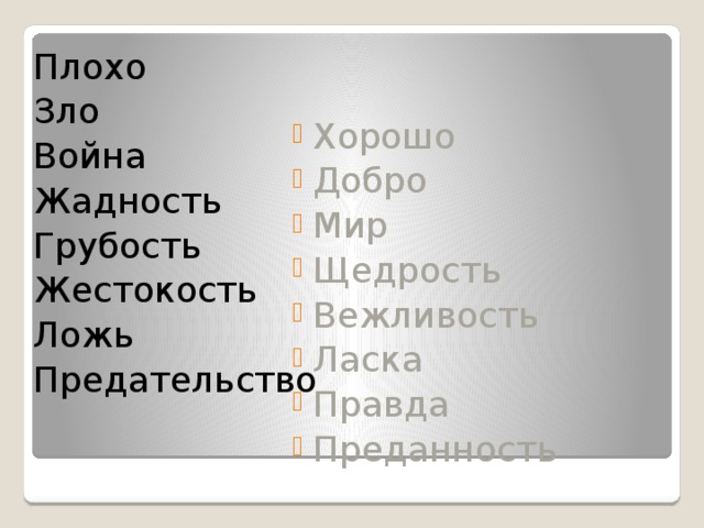 Хорошо Добро Мир Щедрость Вежливость Ласка Правда Преданность