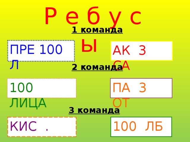 Р е б у с ы 1 команда ПРЕ 100 Л АК 3 СА 2 команда 100 ЛИЦА ПА 3 ОТ 3 команда 100 ЛБ КИС .