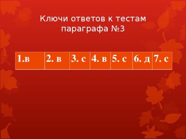 Ключи ответов к тестам параграфа №3 в 2. в 3. с 4. в 5. с 6. д 7. с